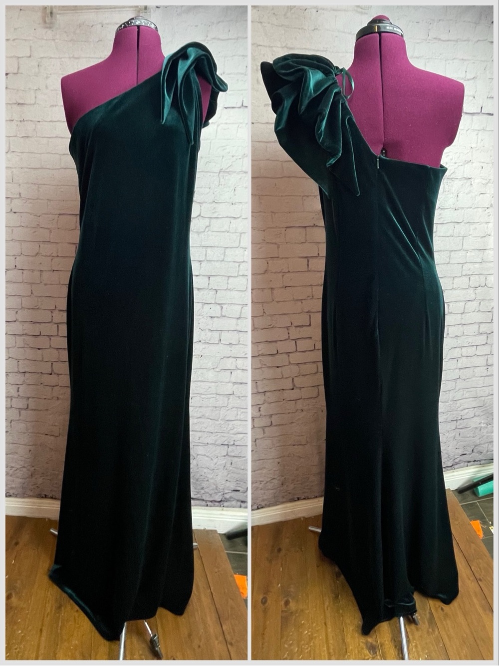 Betsy Adam size 10 dark green velvet one shoulder dress